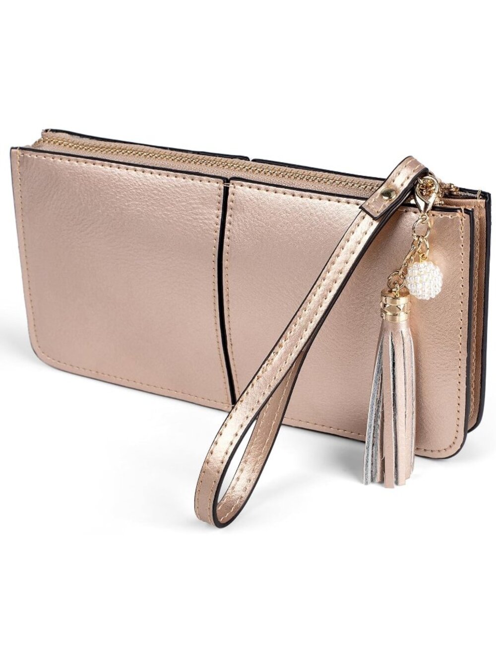 Women’s Champagne Gold Genuine Leather Wristlet Clutch Slim Holder Wallet Purse